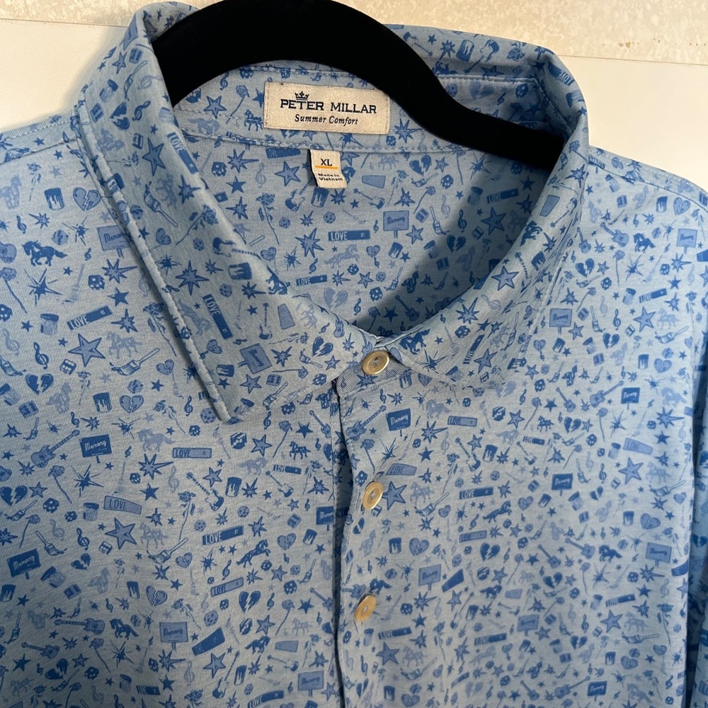 peter millar Mens XL summer comfort blue music rock guitar print golf polo shirt